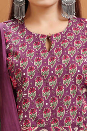 Purple Jaipuri Cotton A Line Printed Kurta Pants and Dupatta Set
