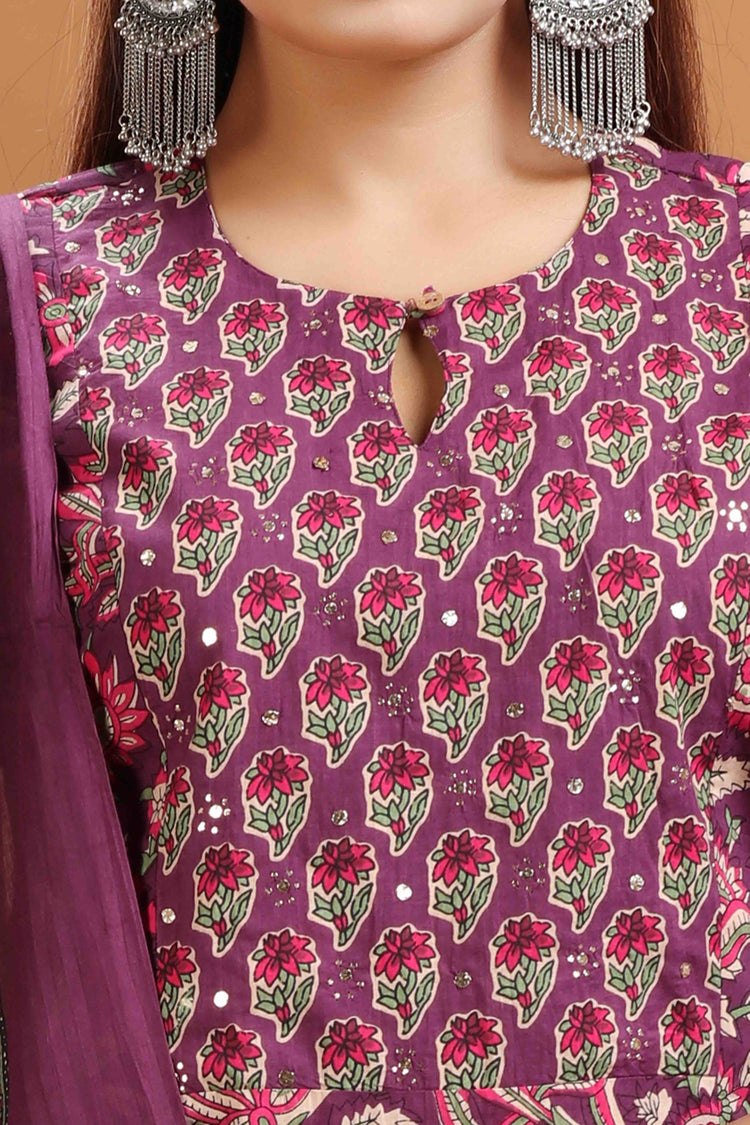 Purple Jaipuri Cotton A Line Printed Kurta Pants and Dupatta Set
