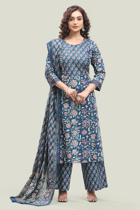 Indigo Blue Jaipuri Cotton Straight Printed Kurta Pant Suit Set for women