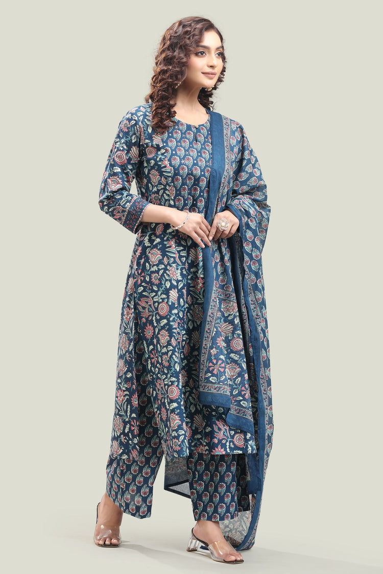 Indigo Blue Jaipuri Cotton Straight Printed Kurta Pant Suit Set for women