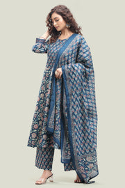 Indigo Blue Jaipuri Cotton Straight Printed Kurta Pant Suit Set for women