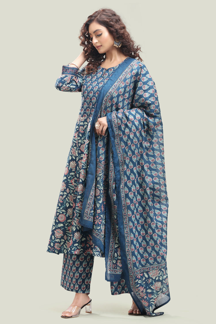 Indigo Blue Jaipuri Cotton Straight Printed Kurta Pant Suit Set for women
