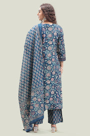 Indigo Blue Jaipuri Cotton Straight Printed Kurta Pant Suit Set for women