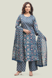 Indigo Blue Jaipuri Cotton Straight Printed Kurta Pant Suit Set for women