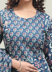 Indigo Blue Jaipuri Cotton Straight Printed Kurta Pant Suit Set for women
