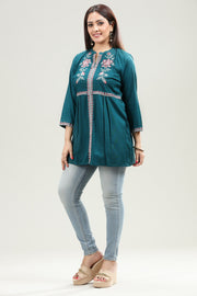 Rama Green Handloom Cotton Gathered Short Kurta