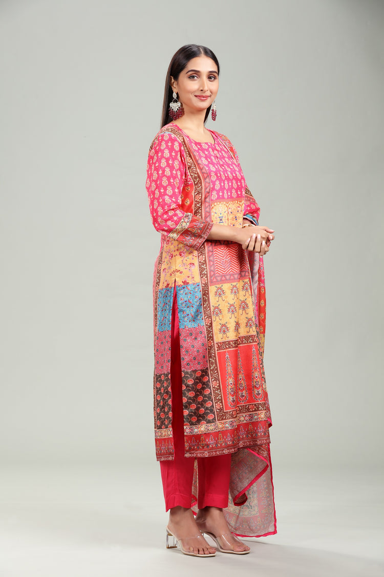 Multicolor Cotton A Line Printed Kurta Pant Suit Set for women