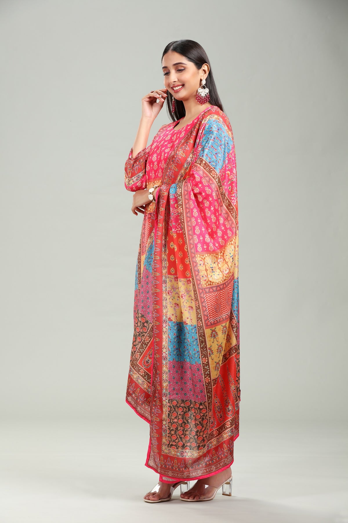 Multicolor Cotton A Line Printed Kurta Pant Suit Set for women