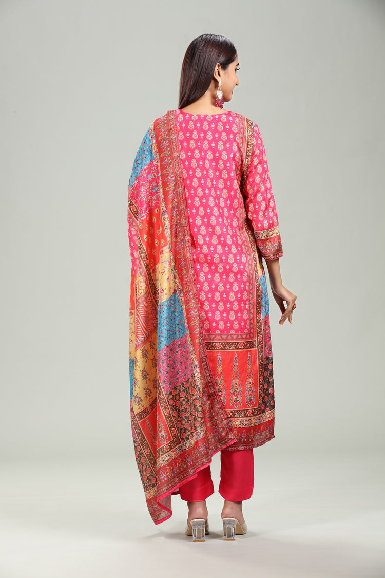 Multicolor Cotton A Line Printed Kurta Pant Suit Set for women
