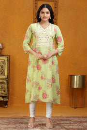 Green Slub Cotton A Line Embroidered Kurta