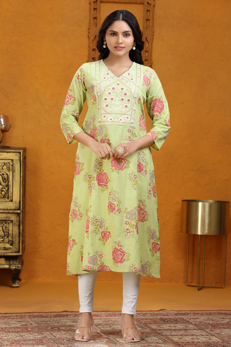 Green Slub Cotton A Line Embroidered Kurta