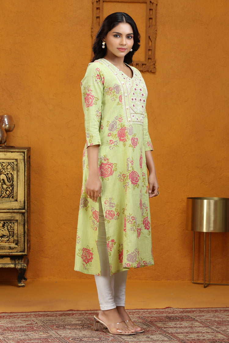 Green Slub Cotton A Line Embroidered Kurta