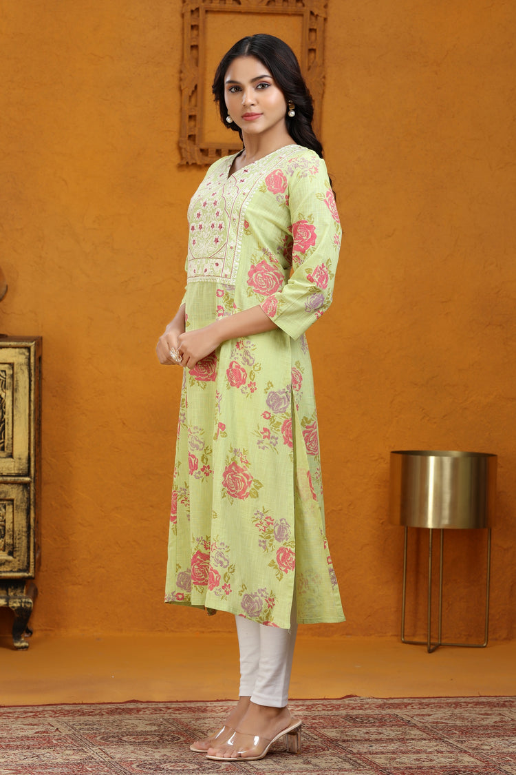 Green Slub Cotton A Line Embroidered Kurta