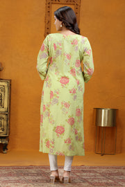 Green Slub Cotton A Line Embroidered Kurta