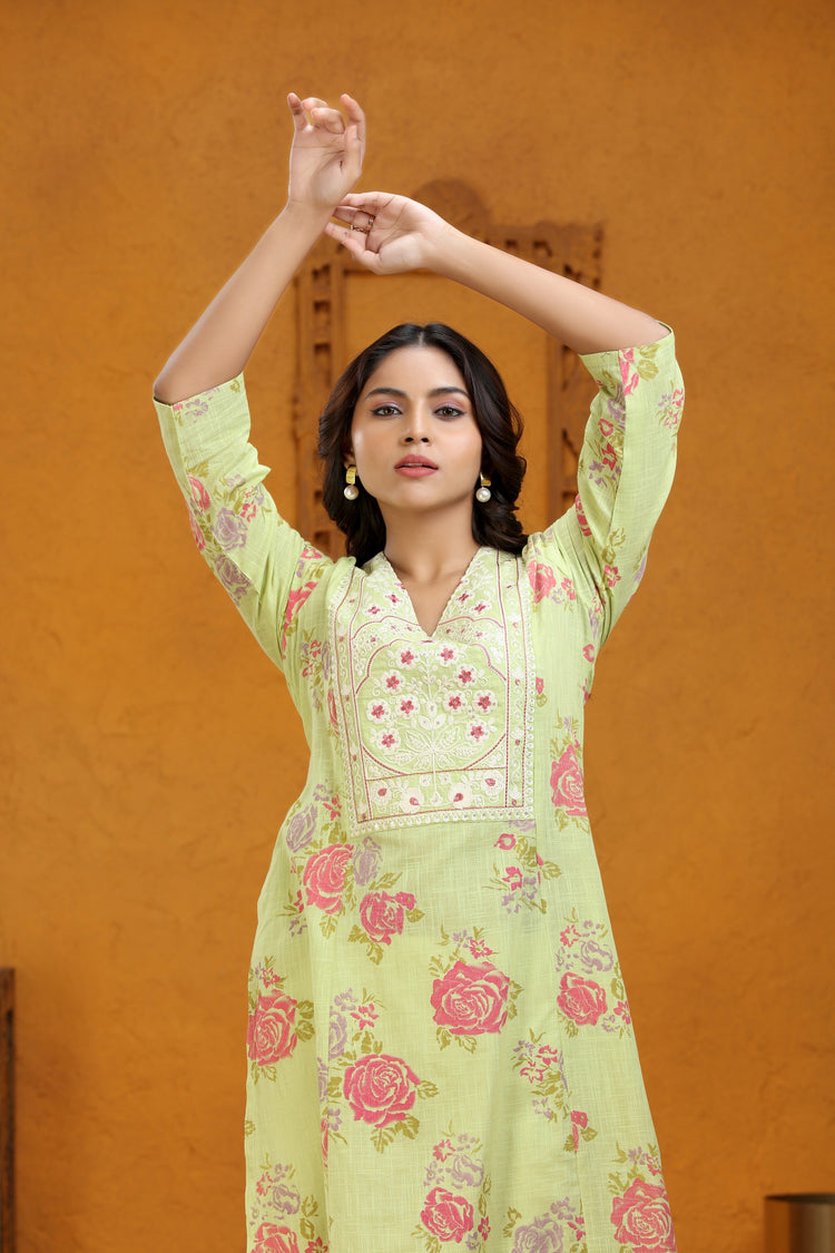 Green Slub Cotton A Line Embroidered Kurta