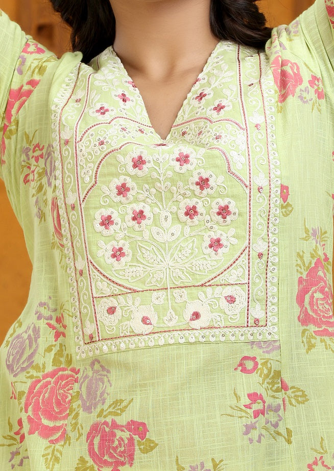 Green Slub Cotton A Line Embroidered Kurta