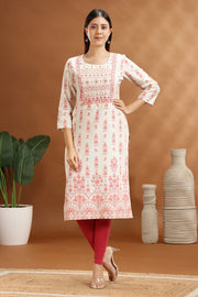 Off White Flax Cotton Embroidered Straight Kurta