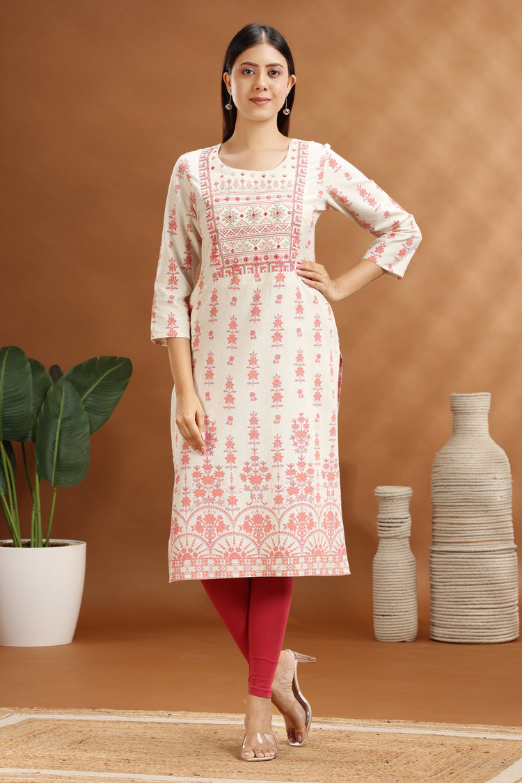 Off White Flax Cotton Embroidered Straight Kurta