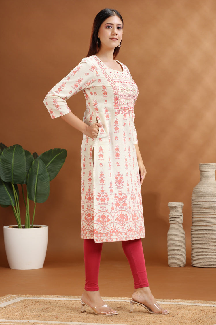 Off White Flax Cotton Embroidered Straight Kurta