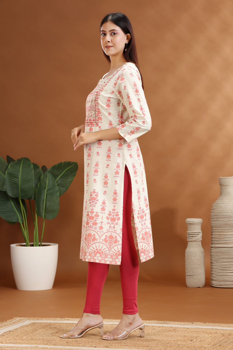 Off White Flax Cotton Embroidered Straight Kurta