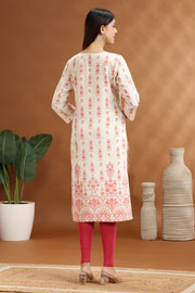 Off White Flax Cotton Embroidered Straight Kurta