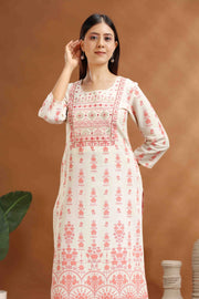 Off White Flax Cotton Embroidered Straight Kurta