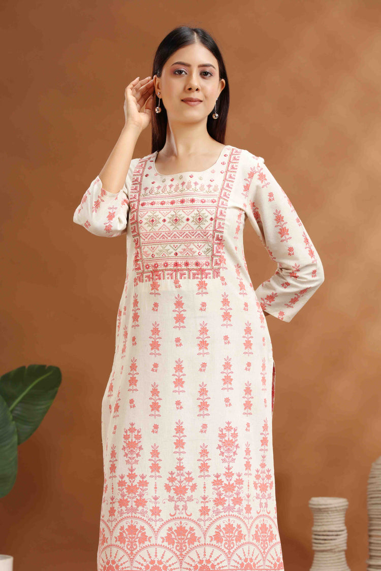 Off White Flax Cotton Embroidered Straight Kurta