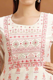 Off White Flax Cotton Embroidered Straight Kurta