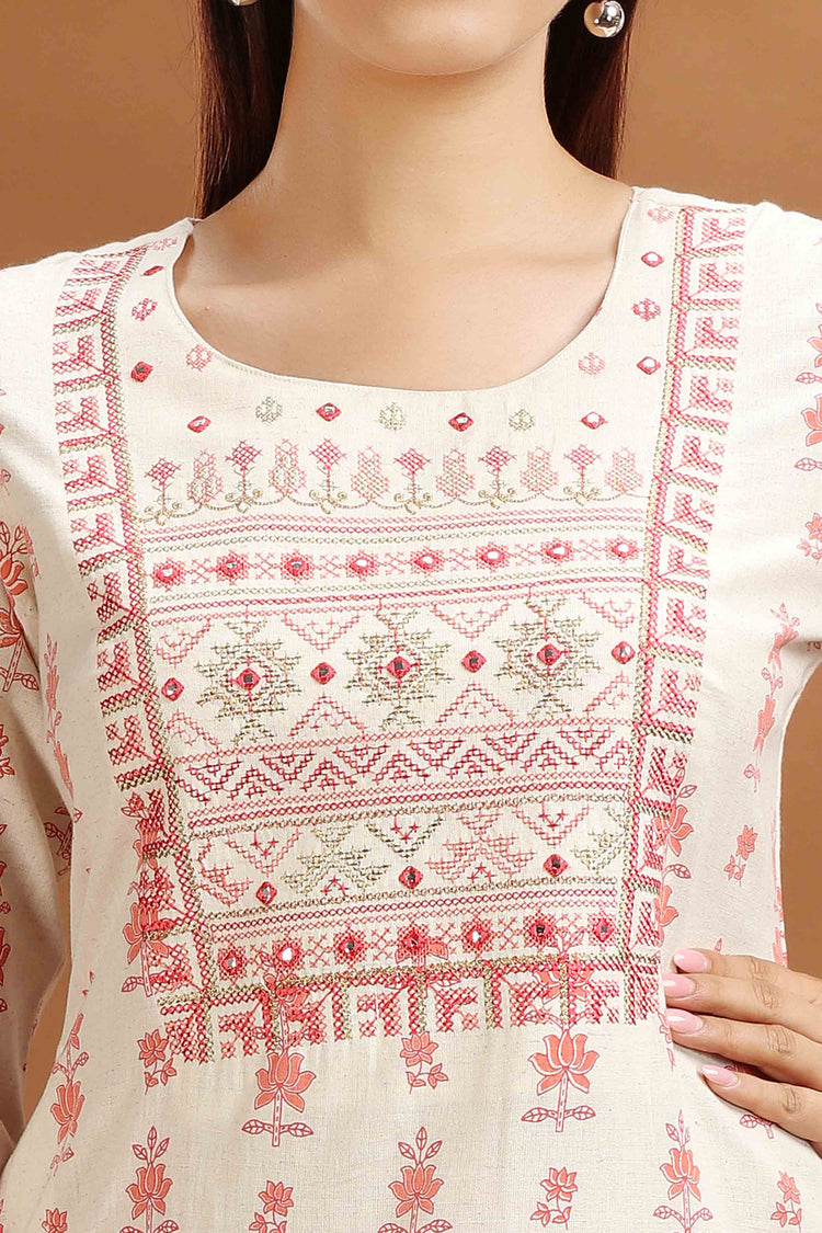 Off White Flax Cotton Embroidered Straight Kurta