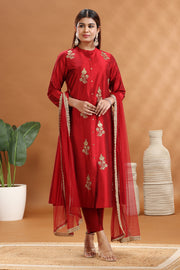 Maroon PolySilk A Line Embroidered Kurta Pants and Dupatta Set