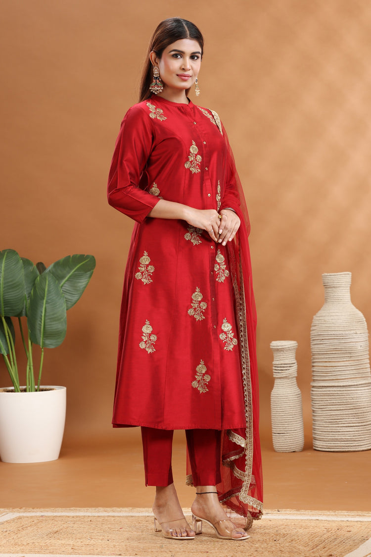 Maroon PolySilk A Line Embroidered Kurta Pants and Dupatta Set