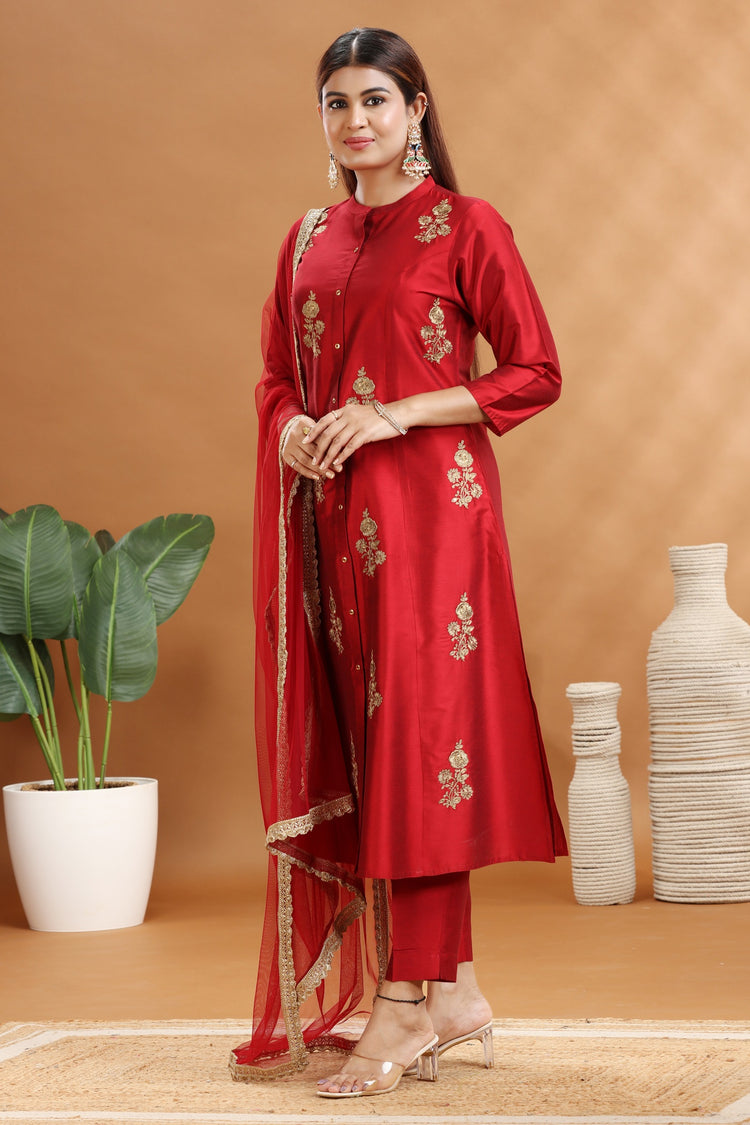 Maroon PolySilk A Line Embroidered Kurta Pants and Dupatta Set