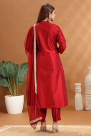 Maroon PolySilk A Line Embroidered Kurta Pants and Dupatta Set