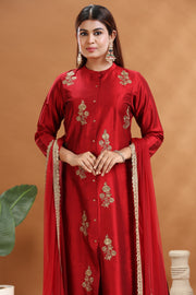 Maroon PolySilk A Line Embroidered Kurta Pants and Dupatta Set