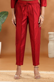 Maroon PolySilk A Line Embroidered Kurta Pants and Dupatta Set