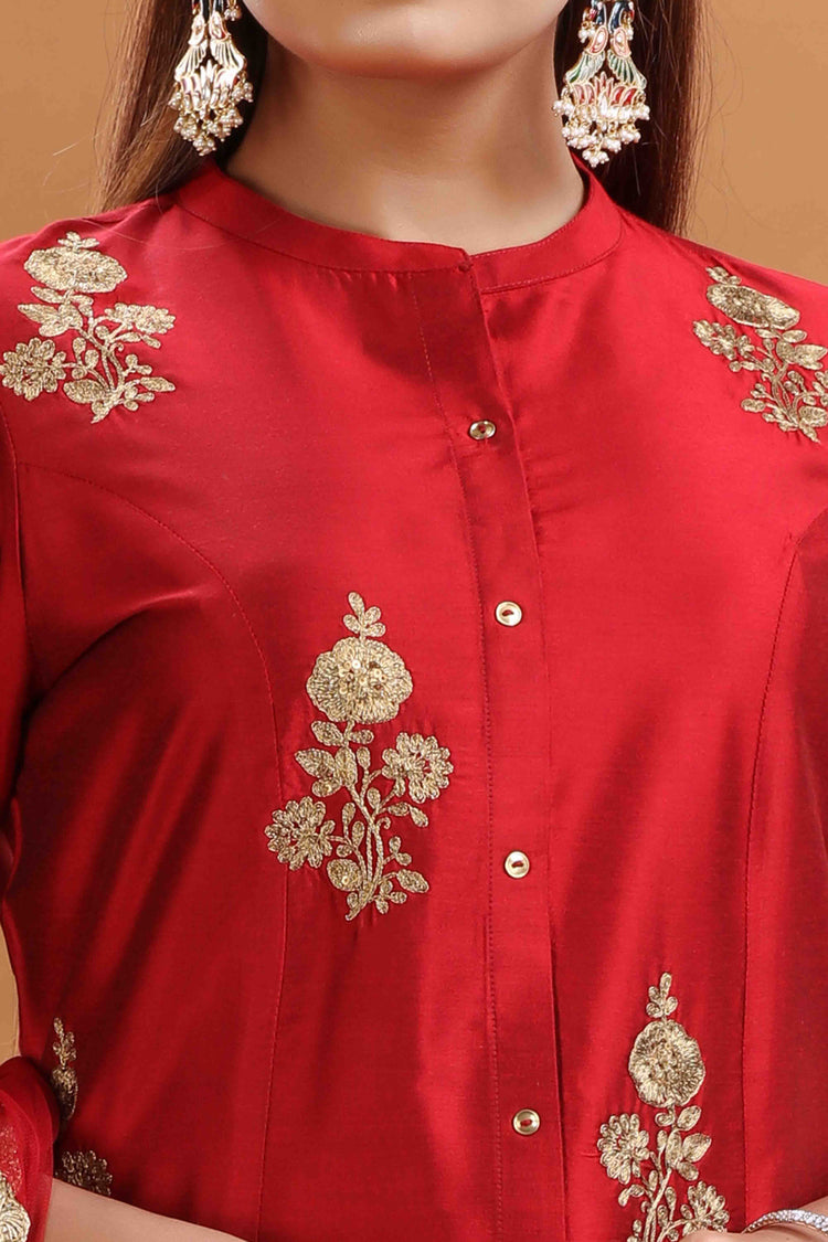 Maroon PolySilk A Line Embroidered Kurta Pants and Dupatta Set