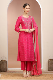 Rani Pink PolySilk Embroidered A Line Kurta Pants and Dupatta Set