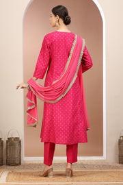 Rani Pink PolySilk Embroidered A Line Kurta Pants and Dupatta Set