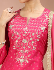 Rani Pink PolySilk Embroidered A Line Kurta Pants and Dupatta Set