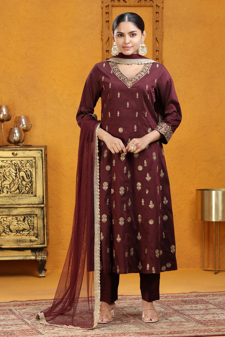 Wine PolySilk A Line Embroidered Kurta Pants and Dupatta Set
