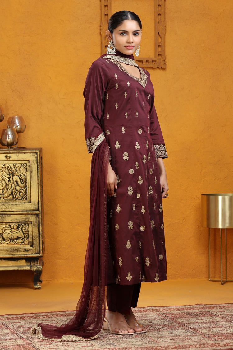 Wine PolySilk A Line Embroidered Kurta Pants and Dupatta Set