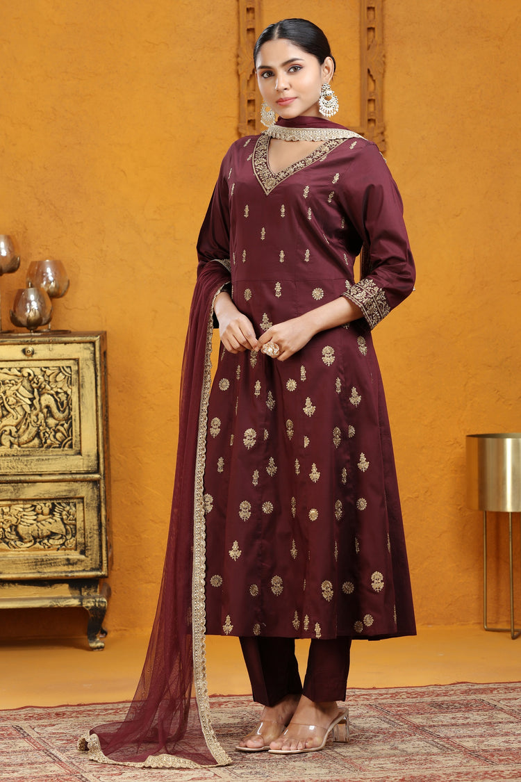 Wine PolySilk A Line Embroidered Kurta Pants and Dupatta Set