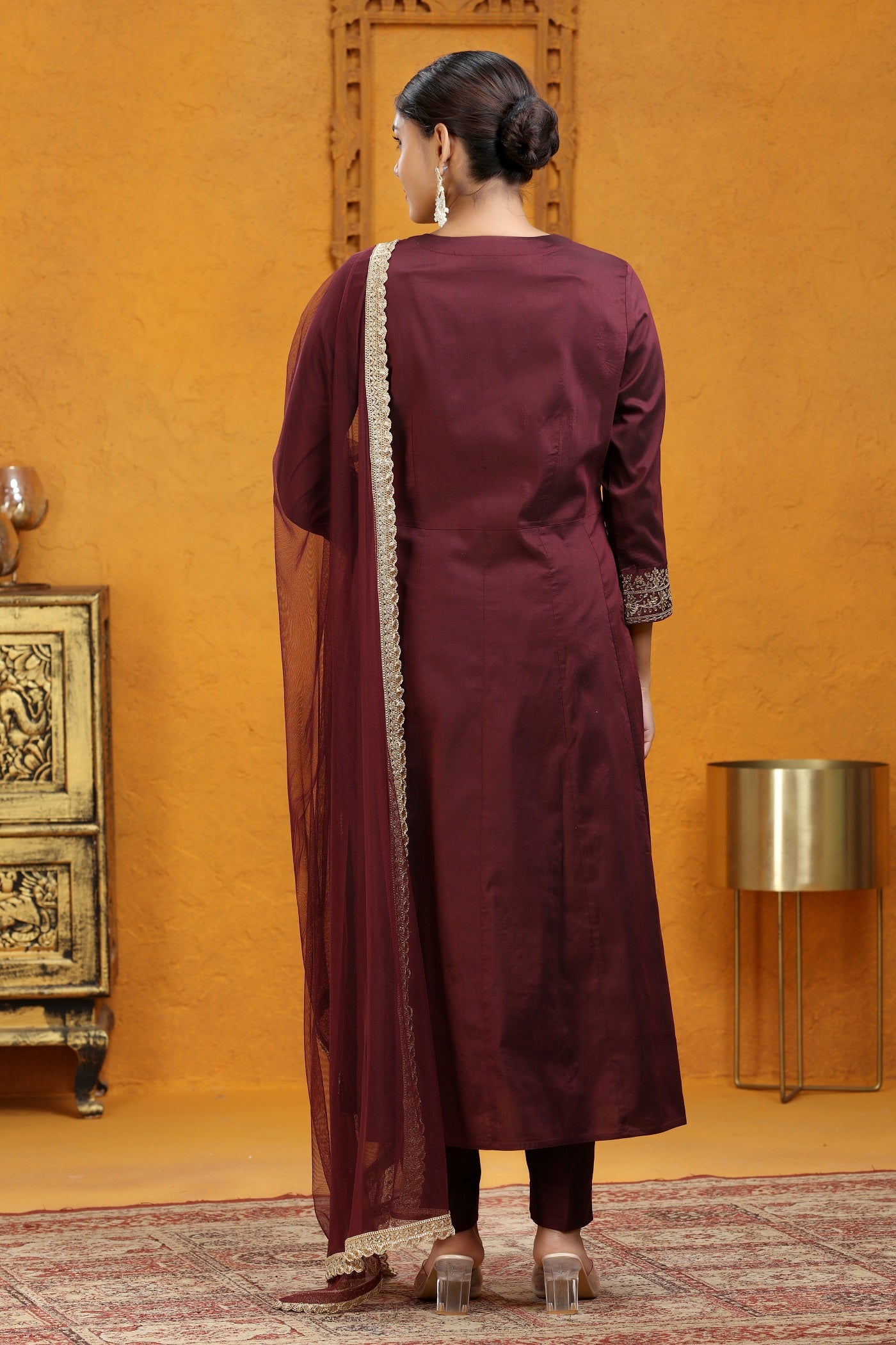 Wine PolySilk A Line Embroidered Kurta Pants and Dupatta Set