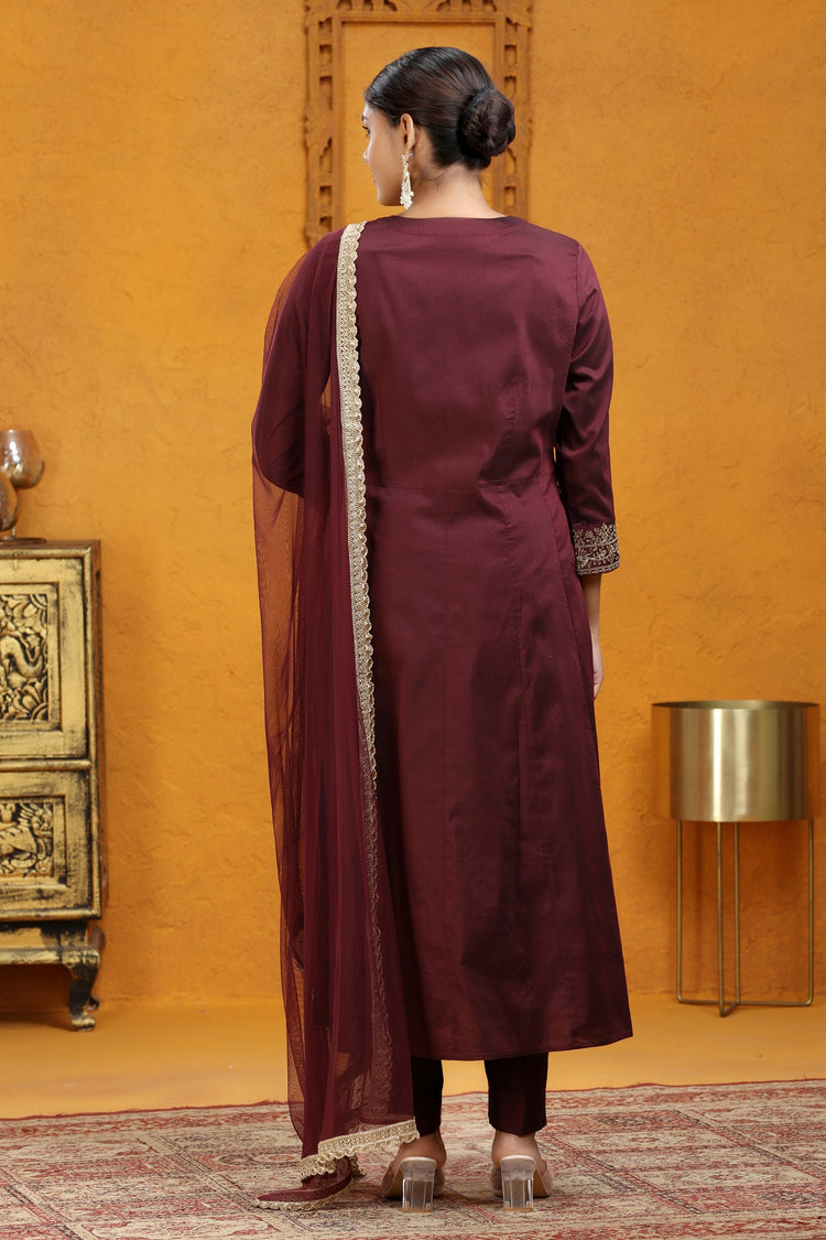 Wine PolySilk A Line Embroidered Kurta Pants and Dupatta Set