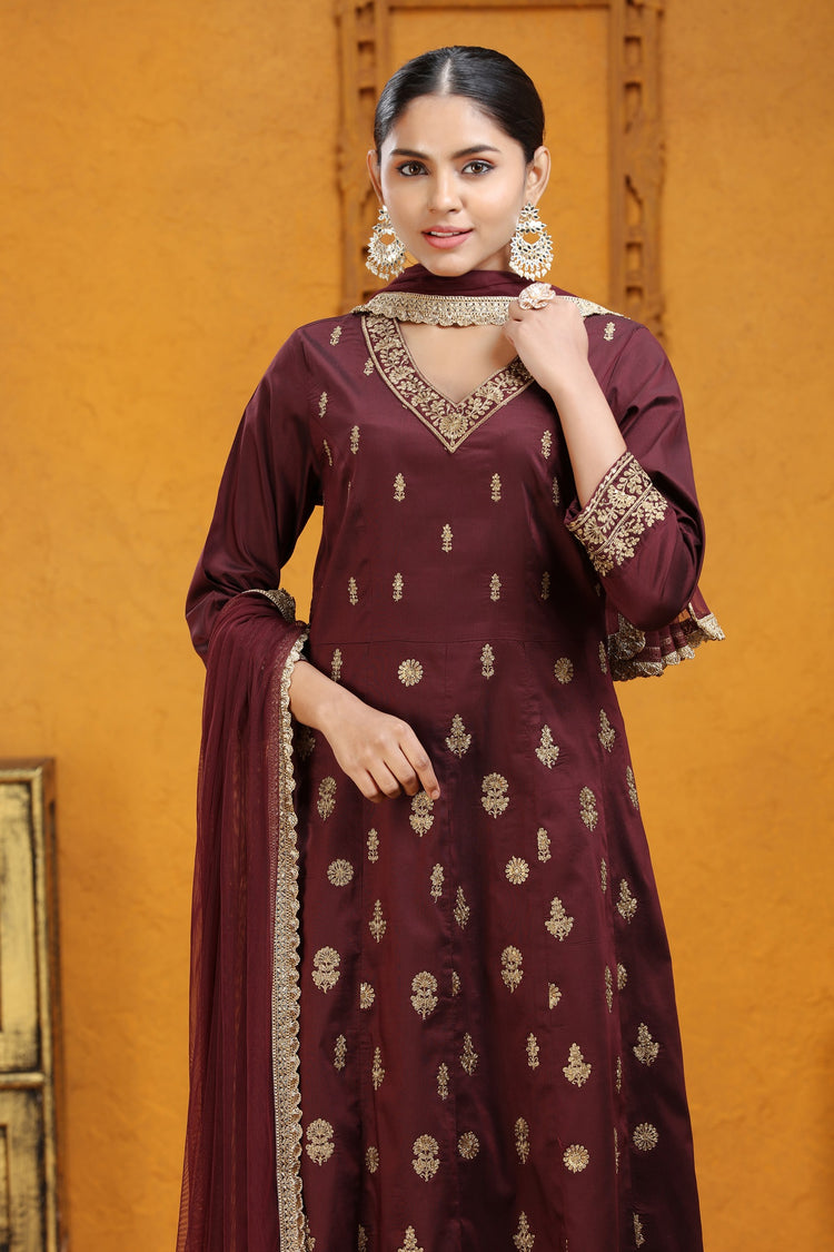Wine PolySilk A Line Embroidered Kurta Pants and Dupatta Set