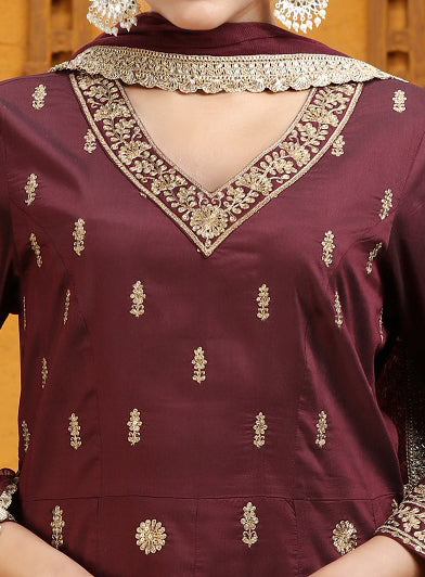 Wine PolySilk A Line Embroidered Kurta Pants and Dupatta Set