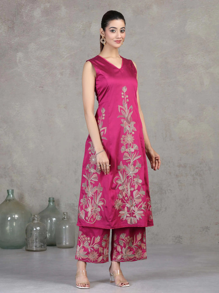Magenta Floral Embroidered A-Line Co-ord Set