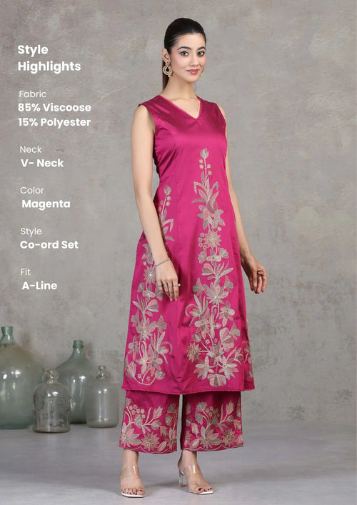Magenta Floral Embroidered A-Line Co-ord Set