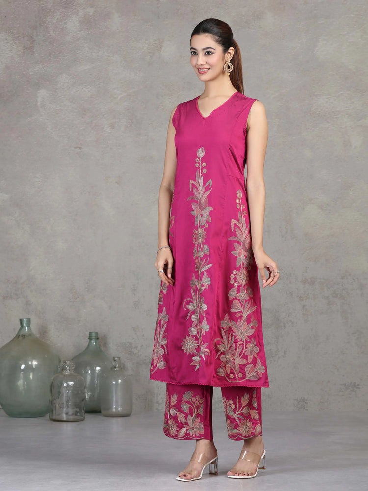 Magenta Floral Embroidered A-Line Co-ord Set