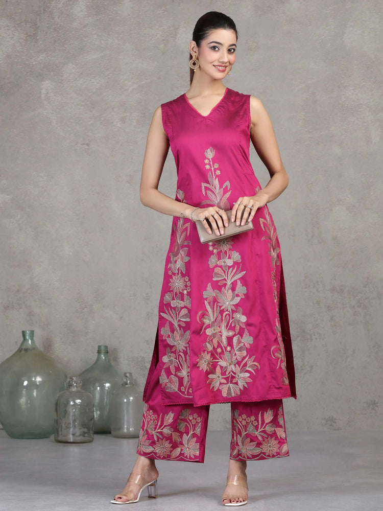 Magenta Floral Embroidered A-Line Co-ord Set